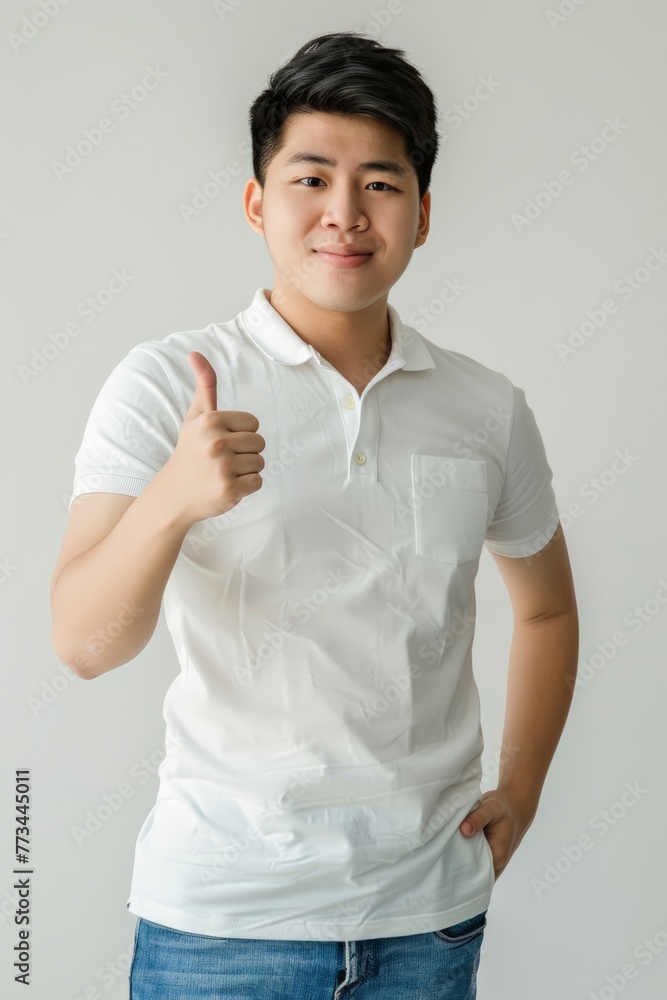 Young asian man standing and giving a thumbs up sign with a smile on his face Young asian man standing and giving a thumbs up sign with a smile on his face