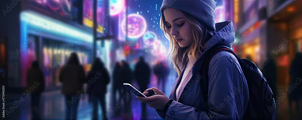 Smartphone in woman hands in night city background.