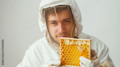 Male Beekeeper Portrait holding honeycomb



