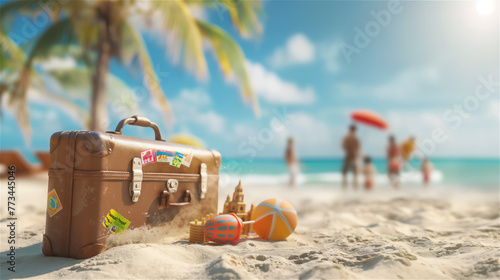 Summer holiday concept scene, illustrating suitcase on the beach and happy family at blurred second plan.