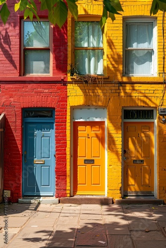 artistic shot of terraced houses with colorful doors