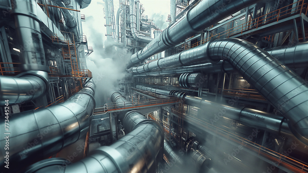 Industrial zone steel pipelines, pipes and valves.