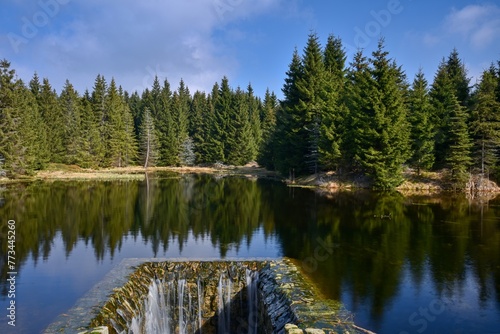 Water reservoir on the Bílý potok in the Jizera Mountains. 03-06-2024, Northern Bohemia, Central Europe.