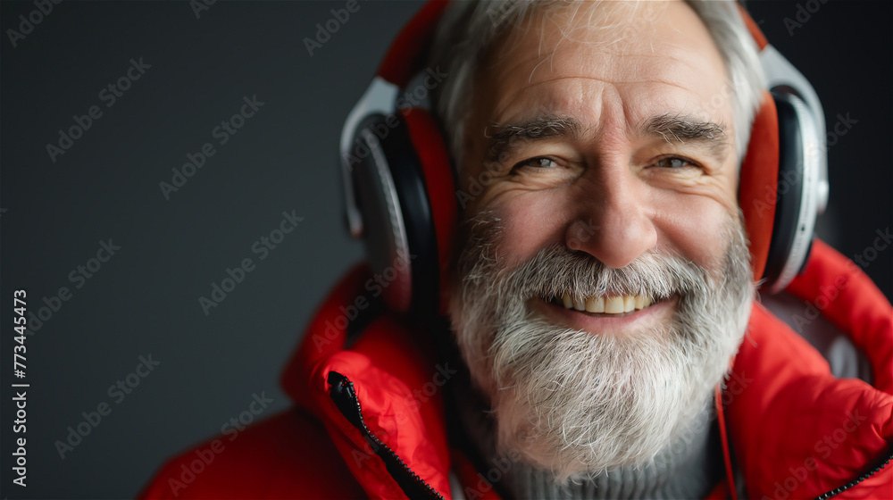 Mature handsome man is listening music in big headphones.