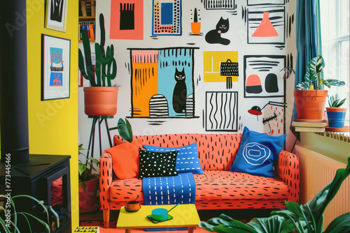 A modern living room interior with dopamine decor.