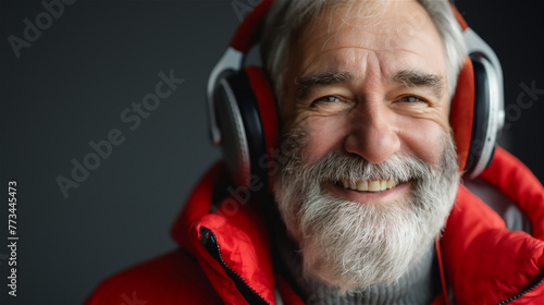 Obraz na płótnie Mature handsome man is listening music in big headphones. w salonie