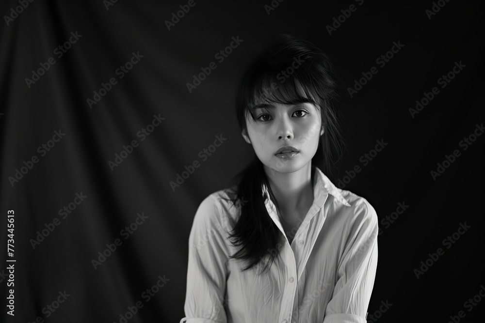 attractive young asian woman wearing a shirt posing in front of the camera