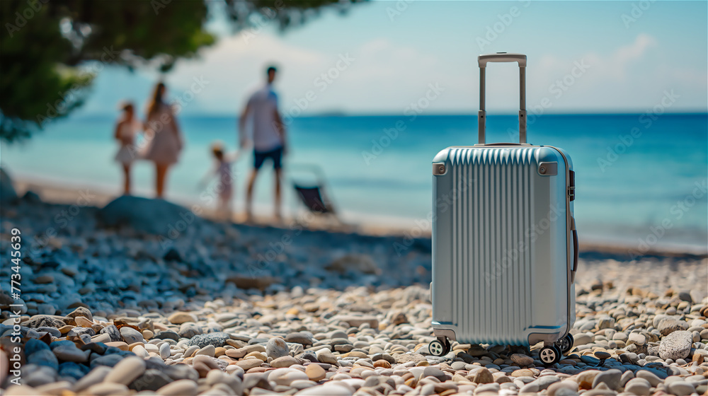Summer holiday concept scene, illustrating suitcase on the beach and happy family at blurred second plan.