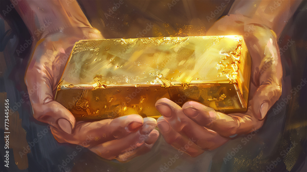 Big gold bar in hands.