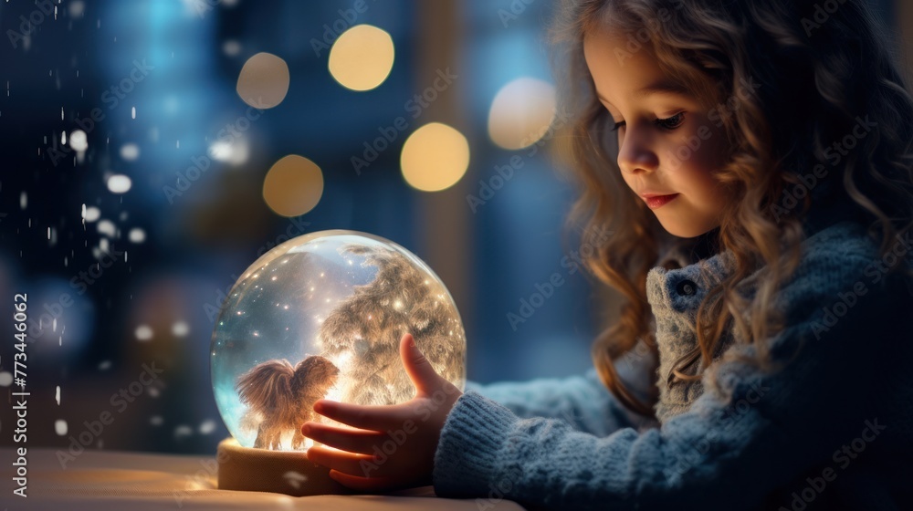 Naklejka premium Celebrate the holidays with a sweet image of a little girl against Christmas lights, holding a magical glowing ball in anticipation of the season's wonders.