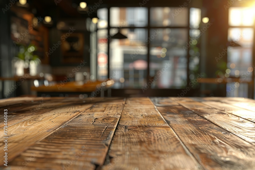 Wooden board empty table in front of blurred background. Brown wood over blur in restaurant - can be used for display or montage your products. Mock up for display of product. High quality photo