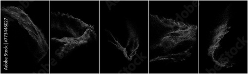 White grainy texture. Abstract dust overlay. Grain noise. White explosion on black background. Splash realistic effect. Set vector illustration, eps 10.	
