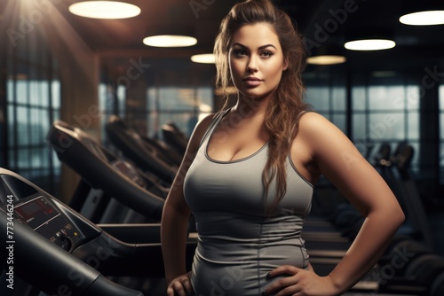 A body-positive woman in gray sportswear poses confidently in the gym surrounded by exercise equipment, exuding determination, endurance and body positivity.