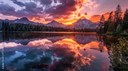 Sunset in Strbske pleso (Strbske lake) beautiful lake in High Tatras mountains, Slovakia