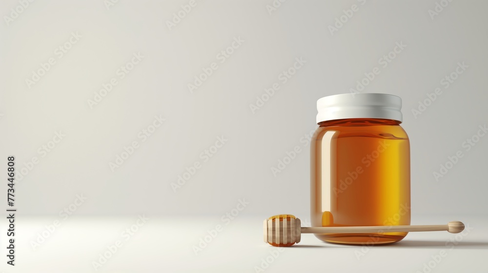 Honey in glass jar with wooden dipper. Pure honey in clear glass, minimalistic style. Concept of healthy eating, food simplicity, natural products, and clean design. Banner. Copy space Honey in glass jar with wooden dipper. Pure honey in clear glass, minimalistic style. Concept of healthy eating, food simplicity, natural products, and clean design. Banner. Copy space