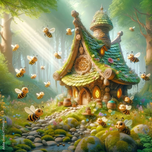 Enchanted forest scene with whimsical bee house. Funny bees in a vibrant, floral landscape. Concept of fantasy nature, storybook scenes, and magical gardens. Digital art
