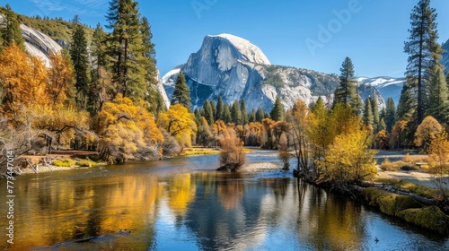 View of Half Dome and Merced River from Yosemite Valley in Yosemite National Park in autumn. photo