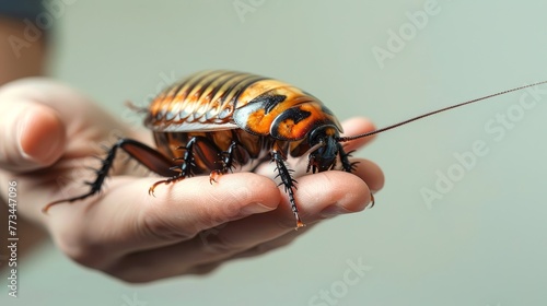 Person Hand holding a Madagascar hissing cockroach. Gentle interaction with nature. Concept of exotic pets, entomology, wildlife handling, and insect education. © Jafree