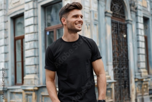 Happy Male. Stylish Young Man in Black T-shirt Smiling Outdoors in City Street