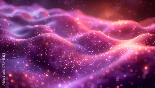 Digital purple particles wave and light abstract background with shining dots stars.