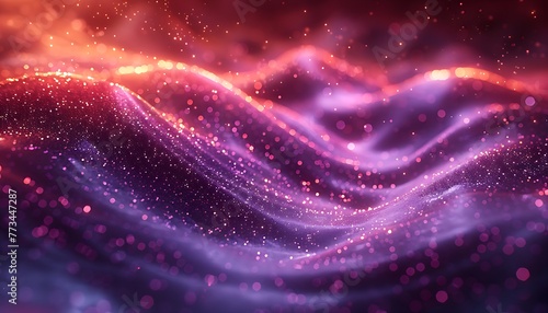 Digital purple particles wave and light abstract background with shining dots stars.