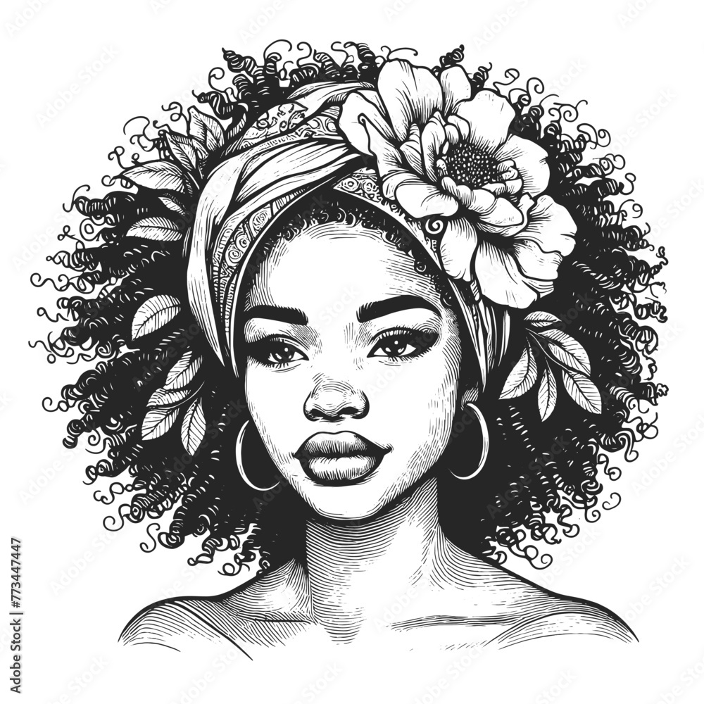 serene young woman adorned floral headdress, grace and natural beauty sketch engraving generative ai fictional character vector illustration. Scratch board imitation. Black and white image. - obrazy, fototapety, plakaty 