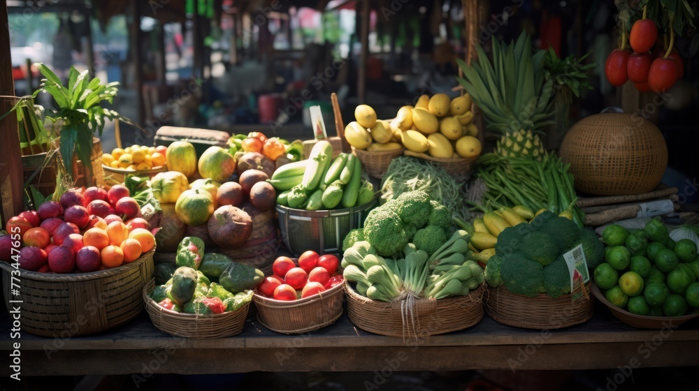 Vegetarian food shop: Vibrant market stall in Asia showcasing a bounty of fresh fruits and vegetables for sale.