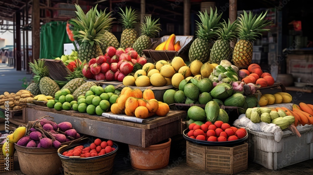 Basket of vitamins: Asia market stall displaying a healthy assortment of fruits and vegetables for nutrition.