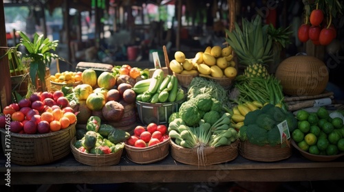 Vegetarian food shop: Vibrant market stall in Asia showcasing a bounty of fresh fruits and vegetables for sale.
