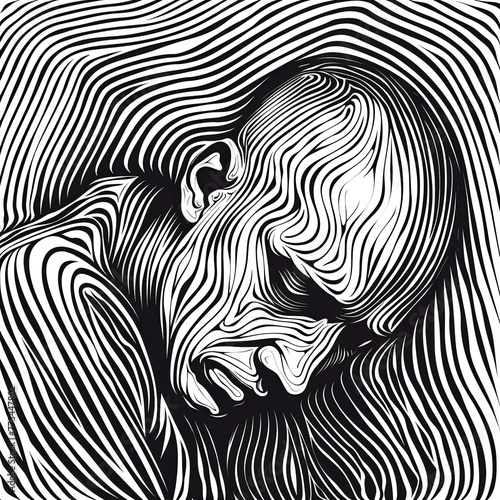 Man thinks about a problem. Time for reflection. Despair  depression  hopelessness or addiction concept. Imitation sketch print in black and white coloring. Design for cover  card  poster  brochure.