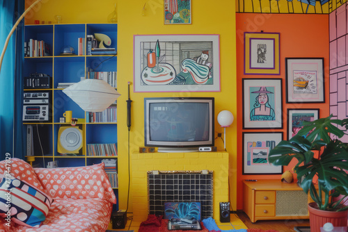 A modern living room interior with dopamine decor.