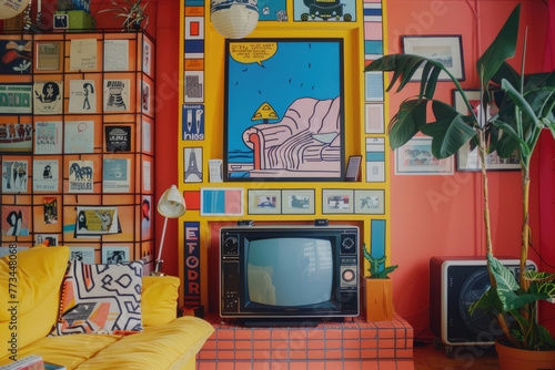 A modern living room interior with dopamine decor.