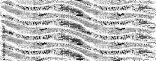 Monochrome texture composed of irregular graphic elements. Distressed uneven grunge background. Abstract vector illustration. Overlay for interesting effect and depth. Isolated on white background.