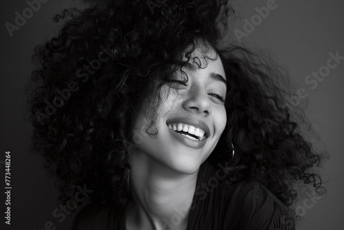 Joyful Woman with Curly Hair in Monochrome © Centric 