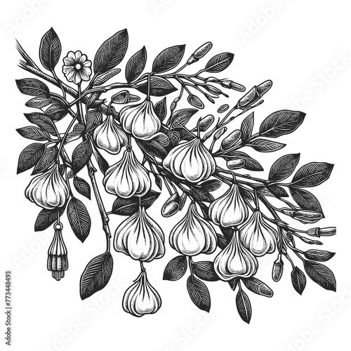 Tree with Khinkali dumplings sketch engraving generative ai fictional character vector illustration. Scratch board imitation. Black and white image.