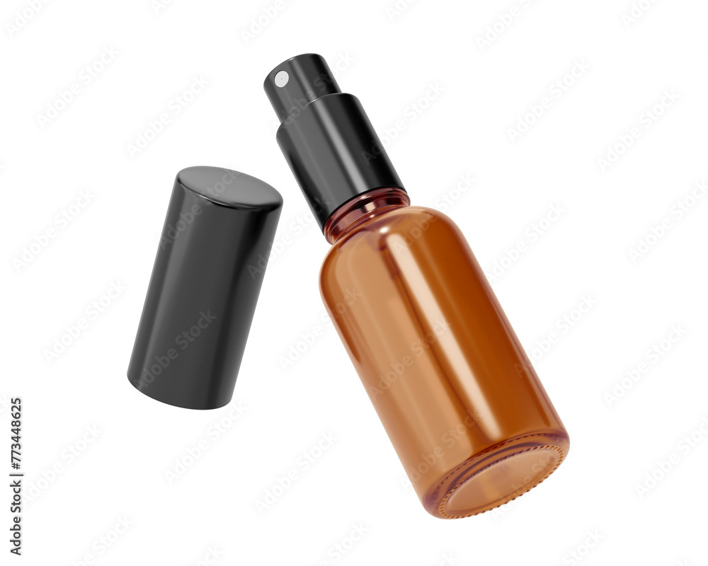 Blank clear brown amber glass cosmetic spray bottle Isolated On Transparent Background. cosmetic packaging. 3D Render. Blank clear brown amber glass cosmetic spray bottle Isolated On Transparent Background. cosmetic packaging. 3D Render.