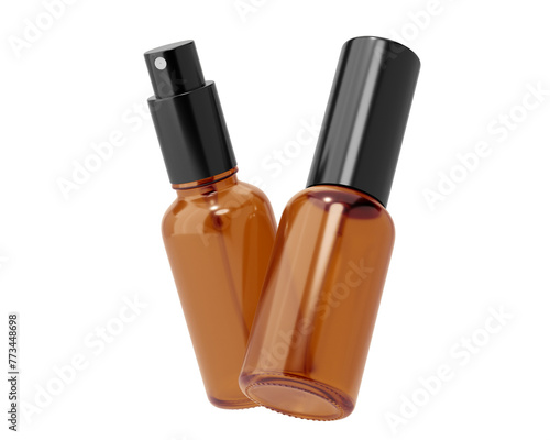 Blank clear brown amber glass cosmetic spray bottle Isolated On Transparent Background. cosmetic packaging. 3D Render.