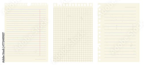 
Torn paper sheets from a notepad. Set of torn realistic pages. Collection of sheets with lines and cells.