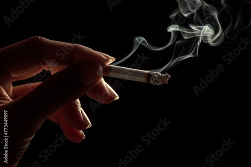 Closeup of a hand holding a cigarette smoking with smoke on a black background, in the style of copy space concept Generative AI