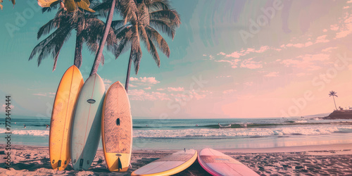 Surfboard and palm tree on beach background. Summer vacation concept. Vintage style