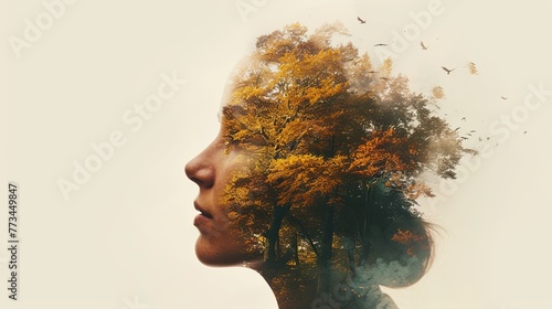 Double exposure combines face and forest. The concept of the unity of nature and man. The vitality of the human soul in nature illustration. Illustration for cover, card, interior design, poster, etc