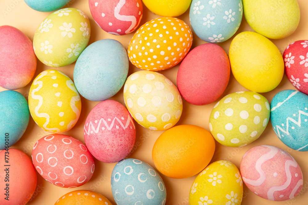 Easter eggs on a bright background. Easter celebration concept. Colorful easter handmade decorated Easter eggs. Place for text. Copy space.