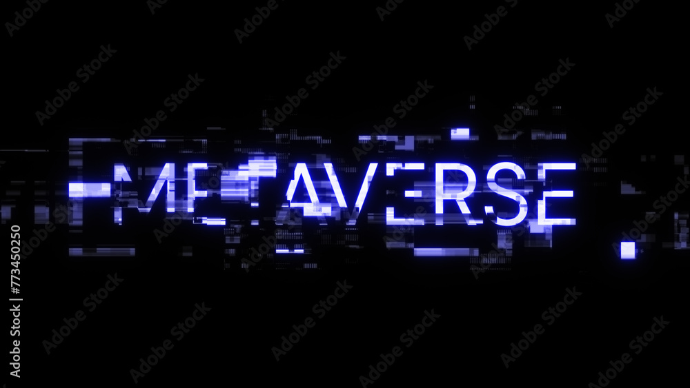 3D rendering metaverse text with screen effects of technological glitches