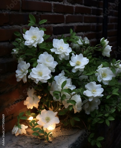 a shrub with white flowers on it beside a brick wal photo