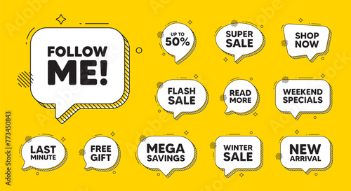 Offer speech bubble icons. Follow me tag. Special offer sign. Super offer symbol. Follow me chat offer. Speech bubble discount banner. Text box balloon. Vector