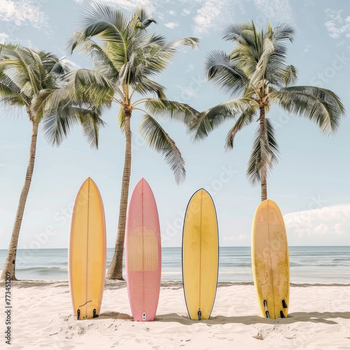 Surfboard and palm tree on beach background. Summer vacation concept. Vintage style © Oleksandr