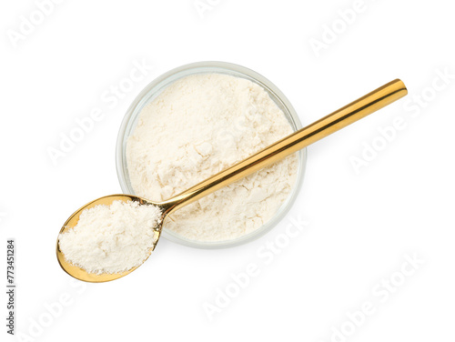 Baking powder in bowl and spoon isolated on white, top view