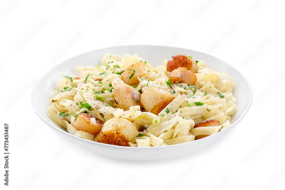 Delicious scallop pasta with spices in bowl isolated on white Delicious scallop pasta with spices in bowl isolated on white