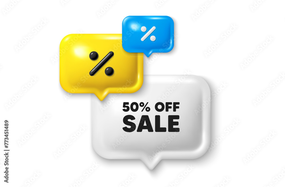 Discount speech bubble offer 3d icon. Sale 50 percent off discount. Promotion price offer sign. Retail badge symbol. Sale discount offer. Speech bubble sale banner. Discount balloon. Vector Discount speech bubble offer 3d icon. Sale 50 percent off discount. Promotion price offer sign. Retail badge symbol. Sale discount offer. Speech bubble sale banner. Discount balloon. Vector