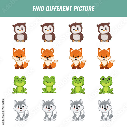 Find different animals in each row. Logical game for kids. Cartoon owl  fox  frog  wolf.  Vector